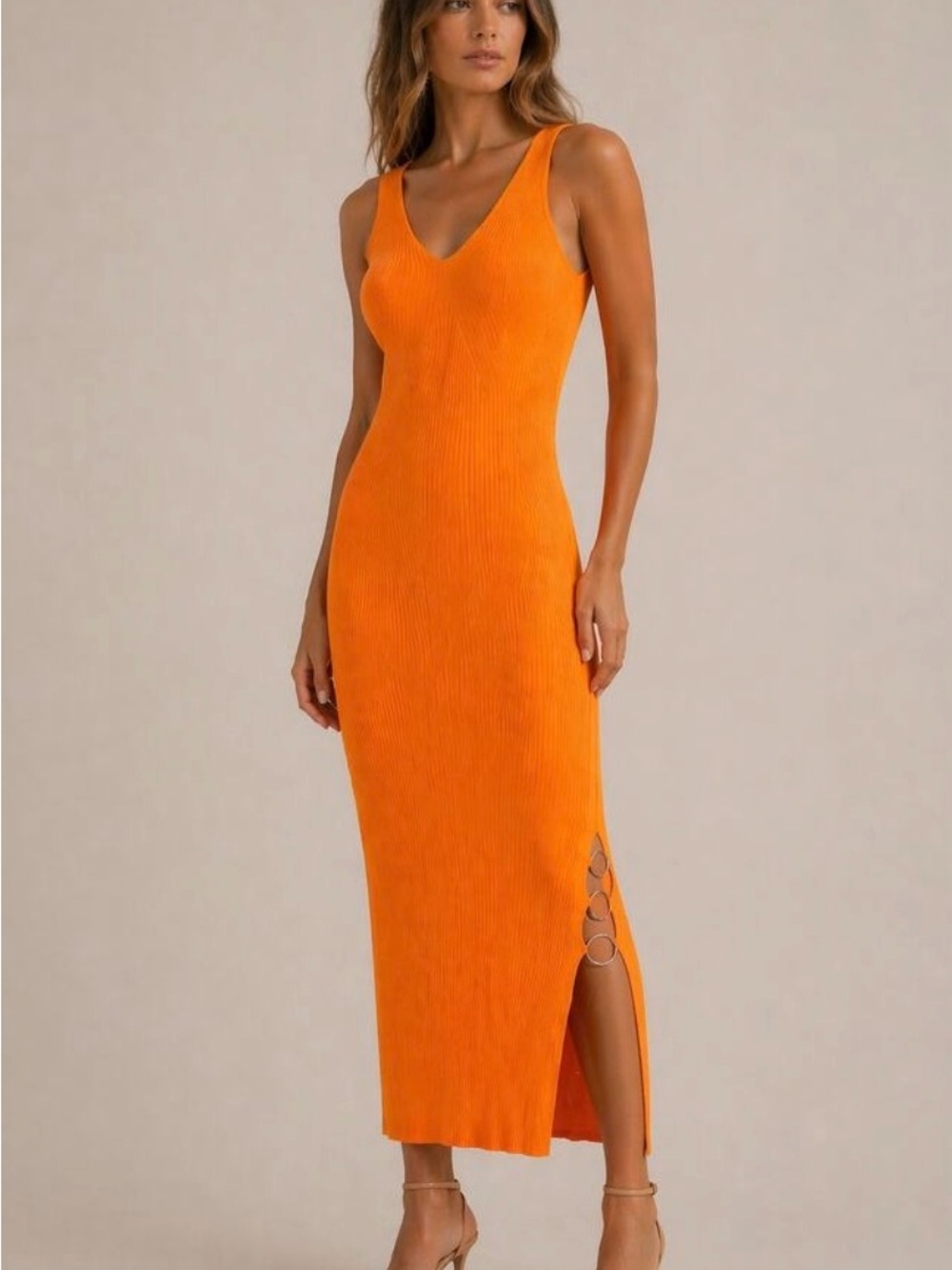 House of Harlow 1960 Vibrant Orange Ribbed Maxi Dress (no gold rings)